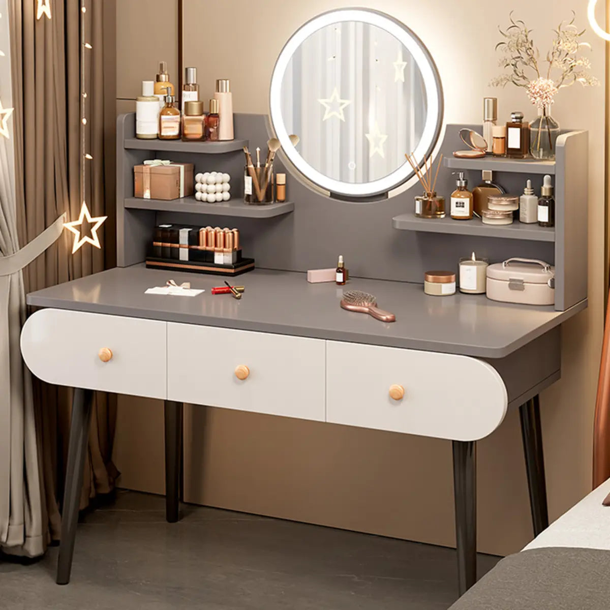 Modern Rectangle Mirror Bedroom White Grey Makeup Vanity Set Image - 7