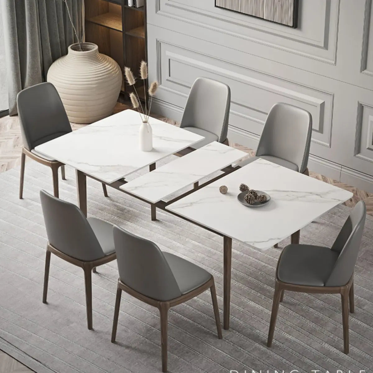 Modern Rectangle Sintered Stone Dining Table White Leaf Image - 3