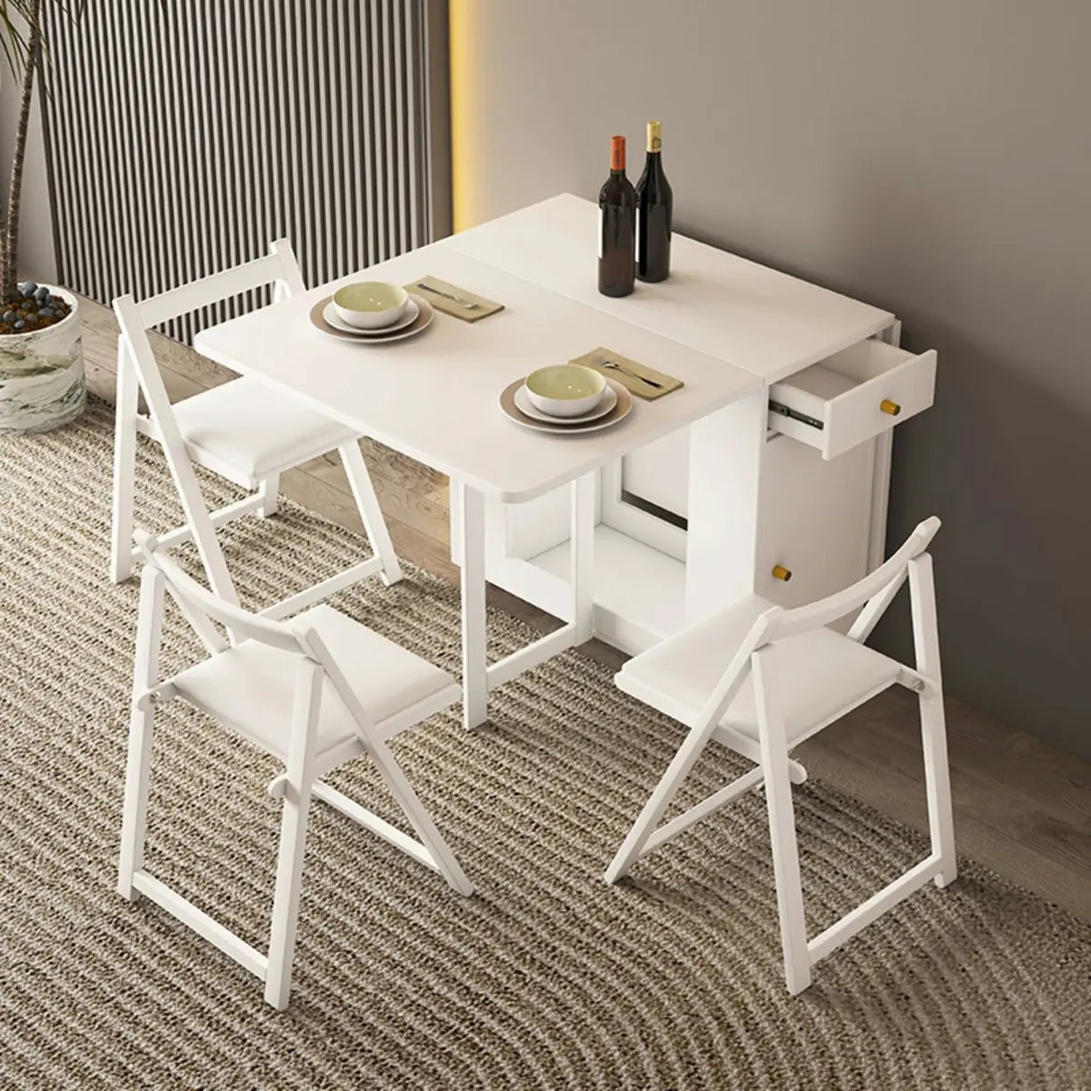 Modern Rectangle White Wood Dining Table with Drop Leaf Image - 3