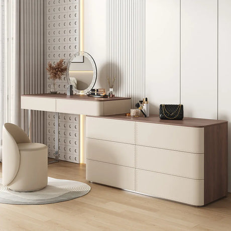 Modern Rectangular Leather Bedroom Off-White Mirror Vanity Image - 2