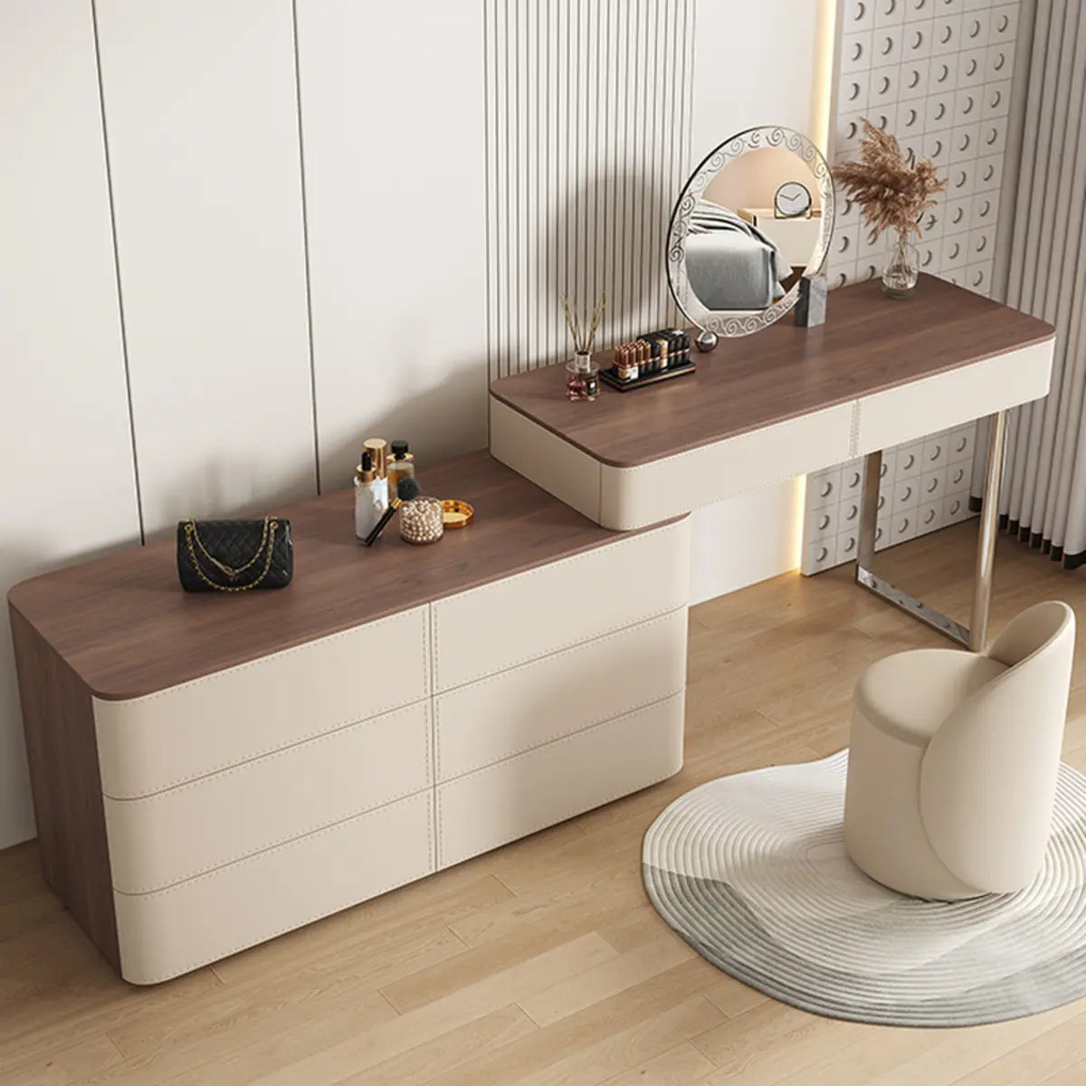 Modern Rectangular Leather Bedroom Off-White Mirror Vanity Image - 7