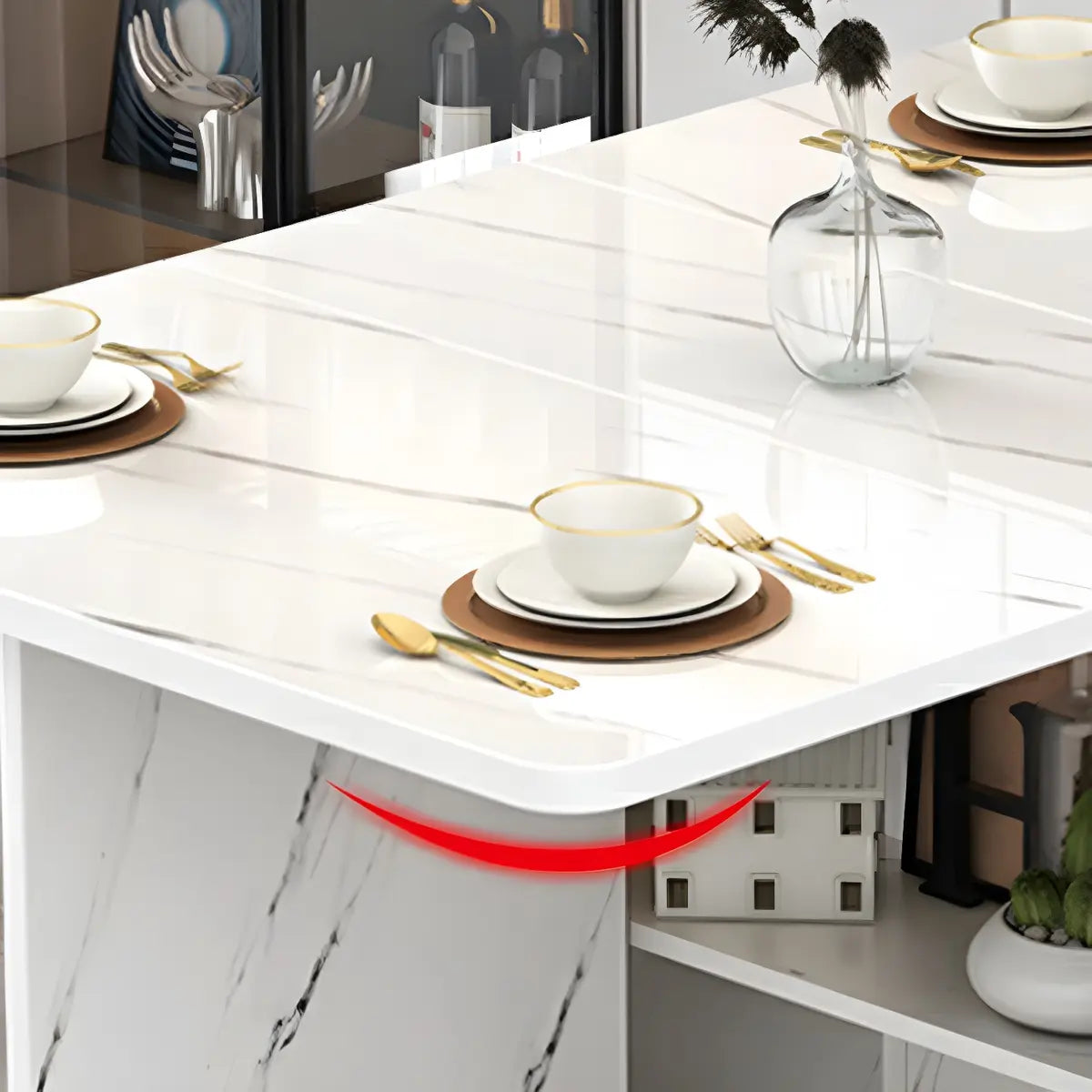 Modern Rectangular Marble Drop Leaf Dining Table Storage Image - 8