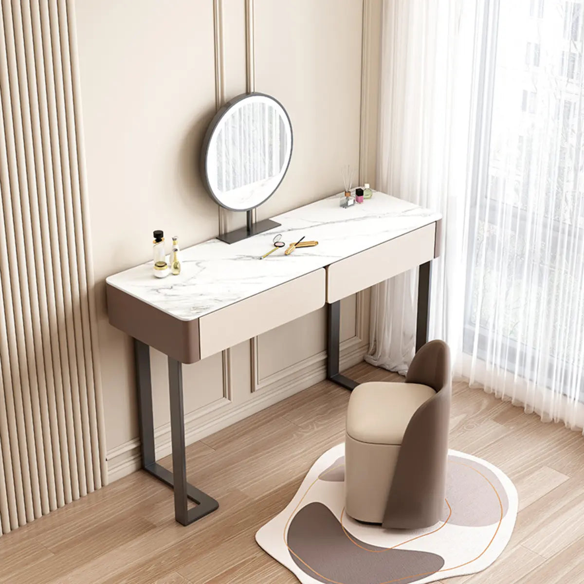 Modern Rectangular Marble Makeup Vanity with LED Mirror Image - 1