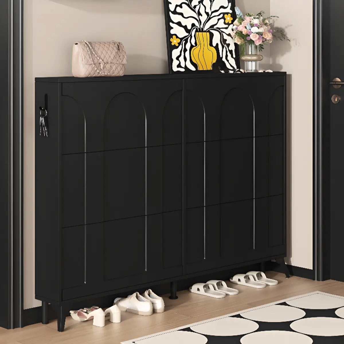 Modern Rectangular Metal Entryway Black Large Shoe Cabinet Image - 1