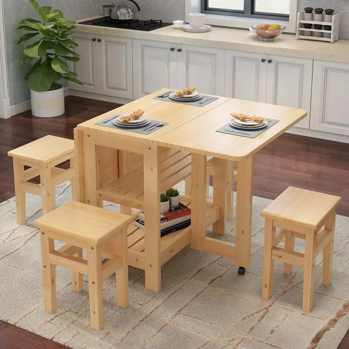 Modern Rectangular Pine Kitchen Dining Table Collapsible Image - 1