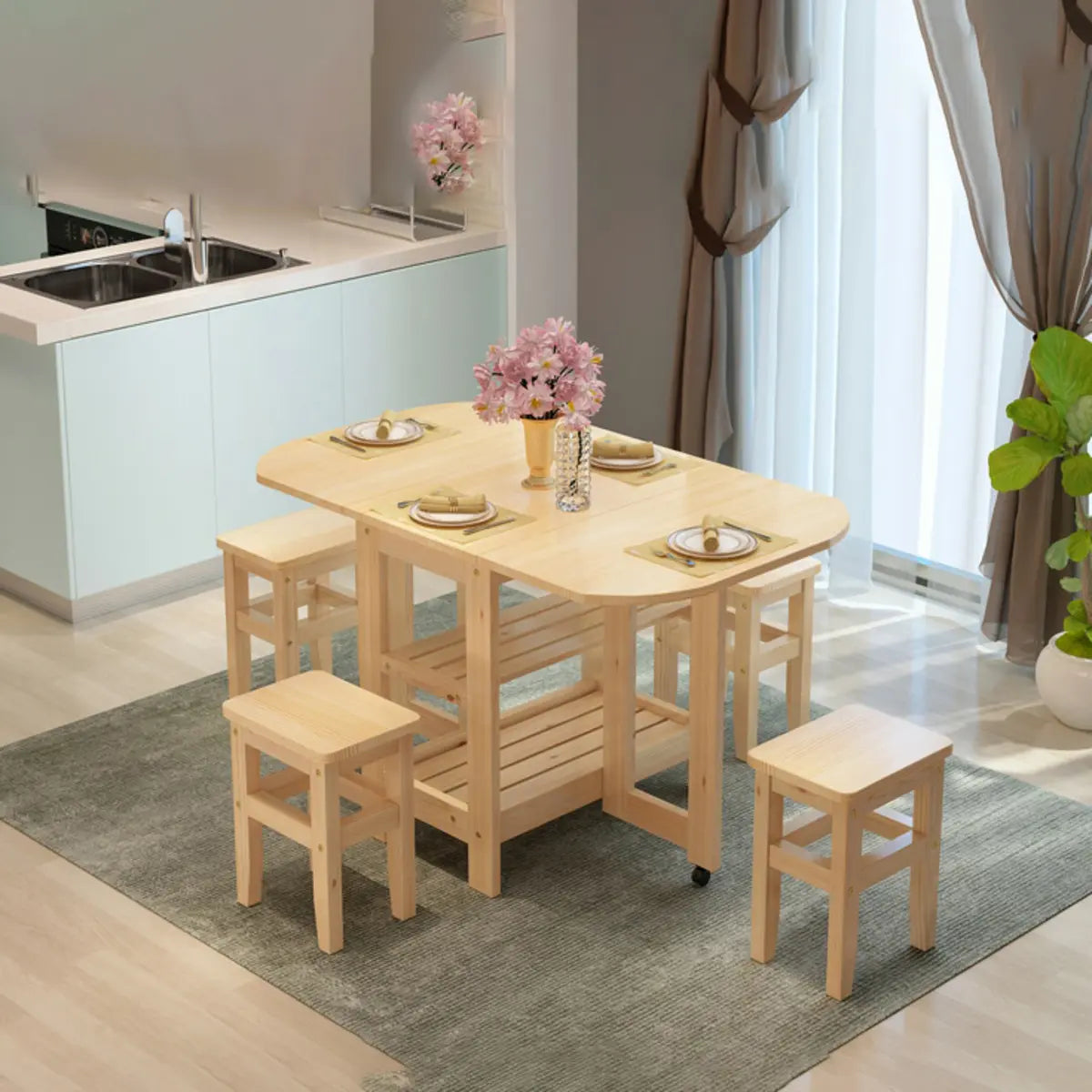 Modern Rectangular Pine Kitchen Dining Table Collapsible Image - 2