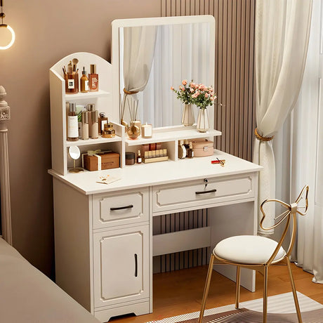 Modern Rectangular Wood Bedroom White Mirror Makeup Vanity Image - 1