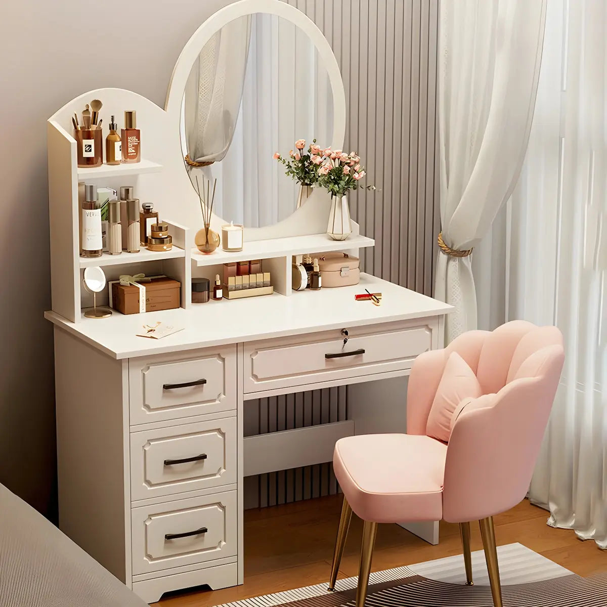 Modern Rectangular Wood Bedroom White Mirror Makeup Vanity Image - 3