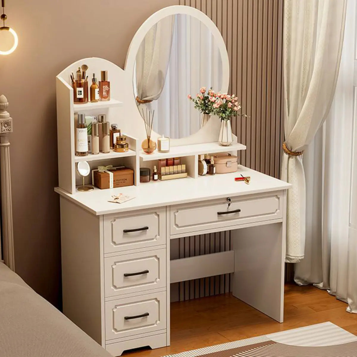 Modern Rectangular Wood Bedroom White Mirror Makeup Vanity Image - 4