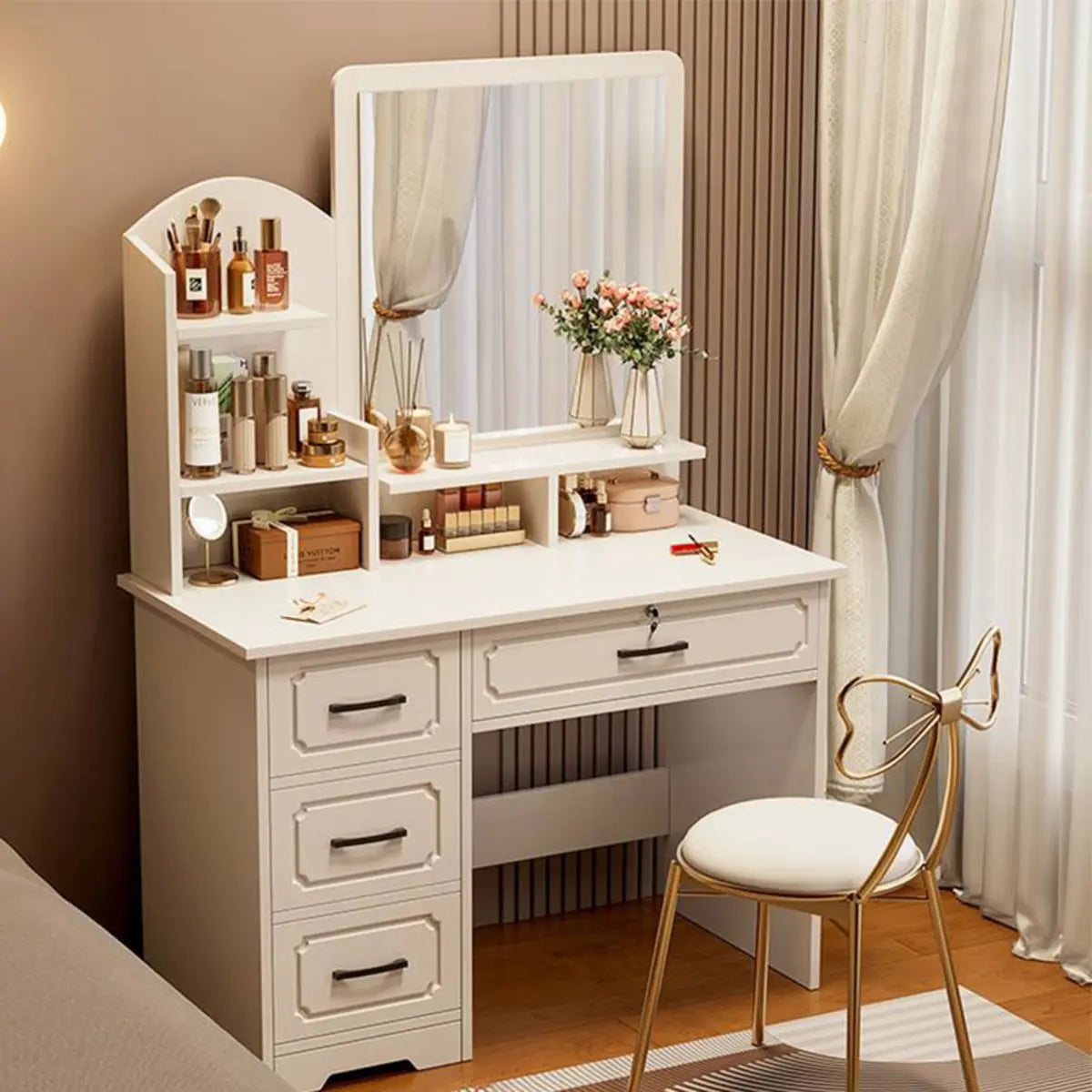 Modern Rectangular Wood Bedroom White Mirror Makeup Vanity Image - 5