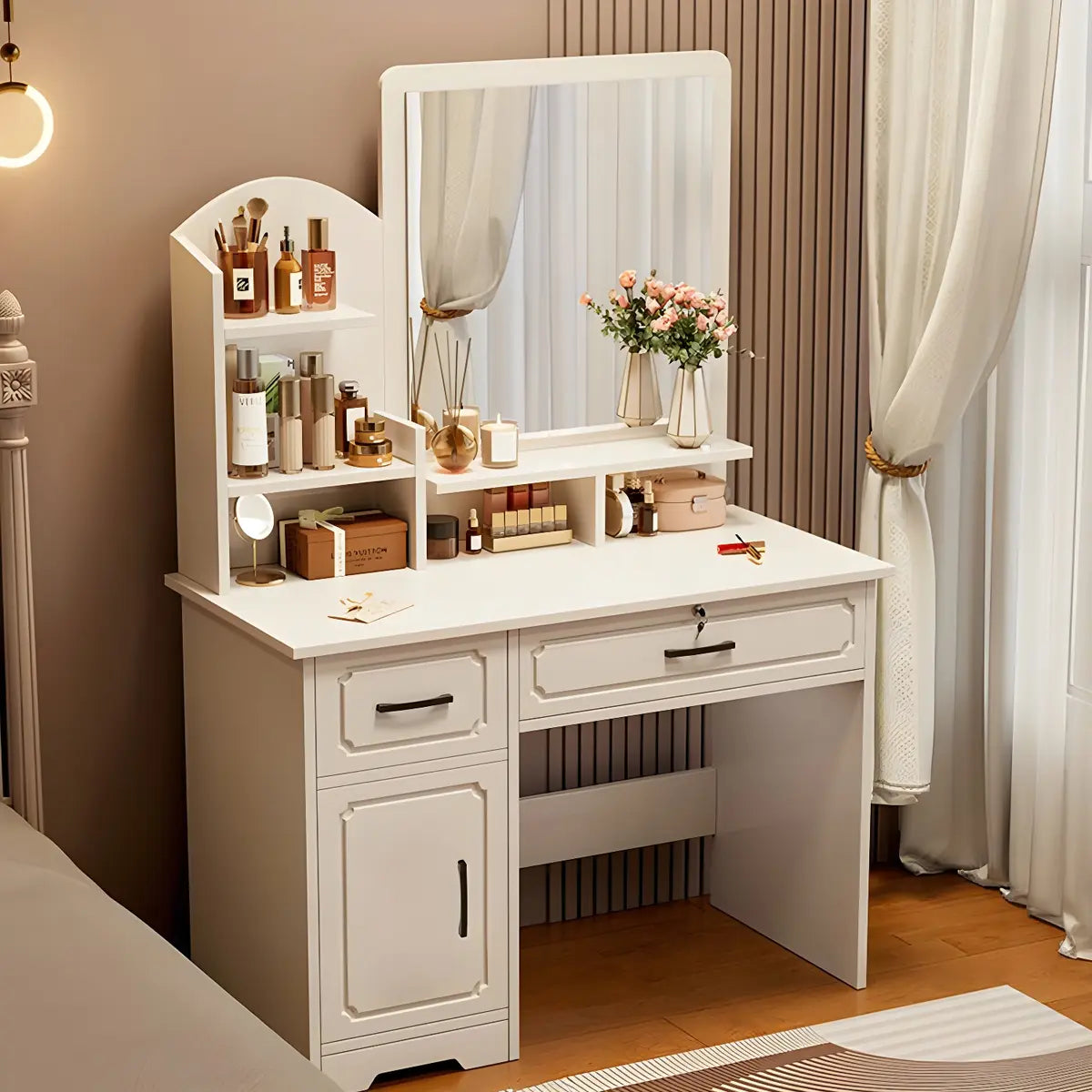 Modern Rectangular Wood Bedroom White Mirror Makeup Vanity Image - 7