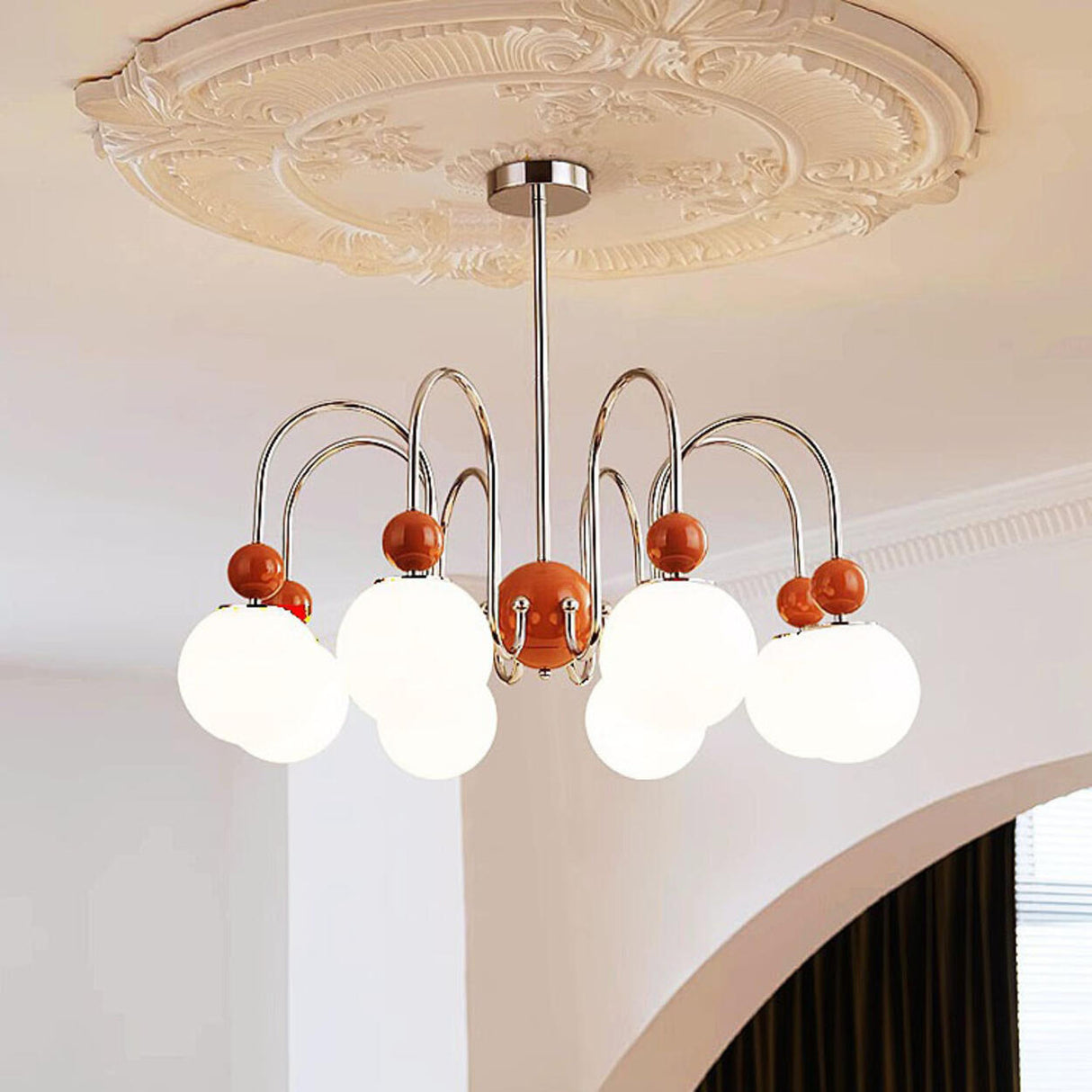 Modern Red 8 Lights White Globe Glass Chandelier Image - 3