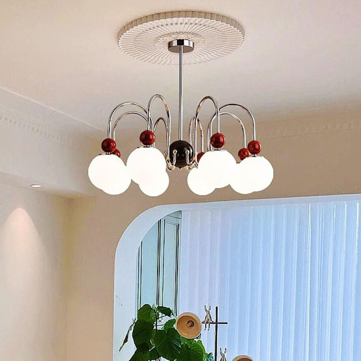 Modern Red 8 Lights White Globe Glass Chandelier Image - 4