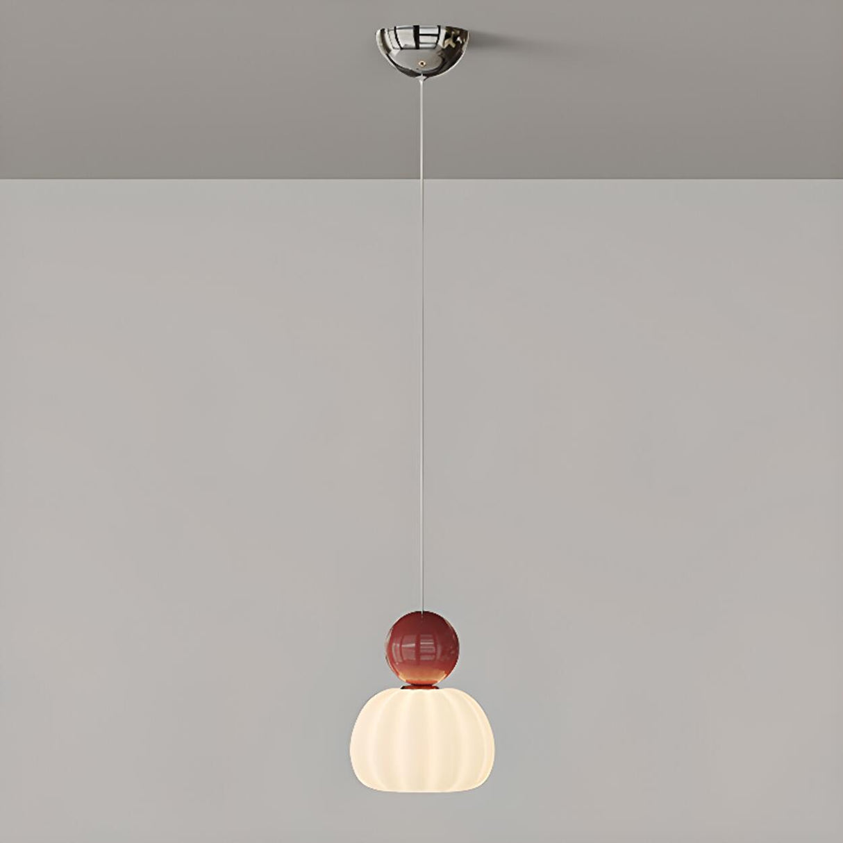 Modern Red and White Ribbed Glass Globe LED Pendant Light Image - 6