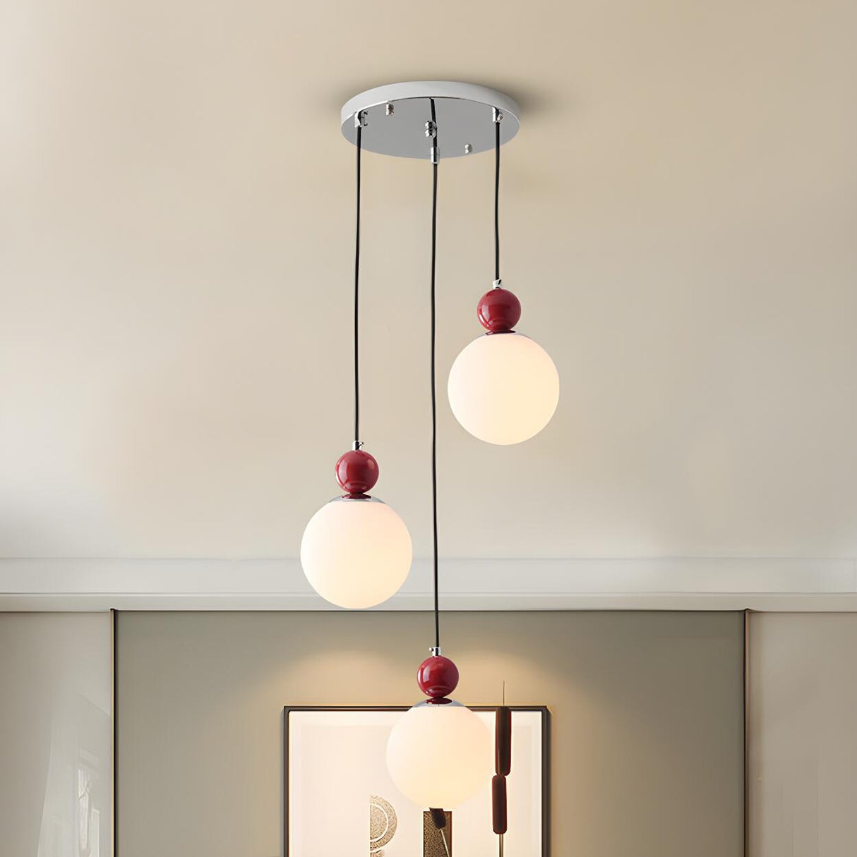 Modern Red Globe White Glass Dining Room Pendant Light Image - 15