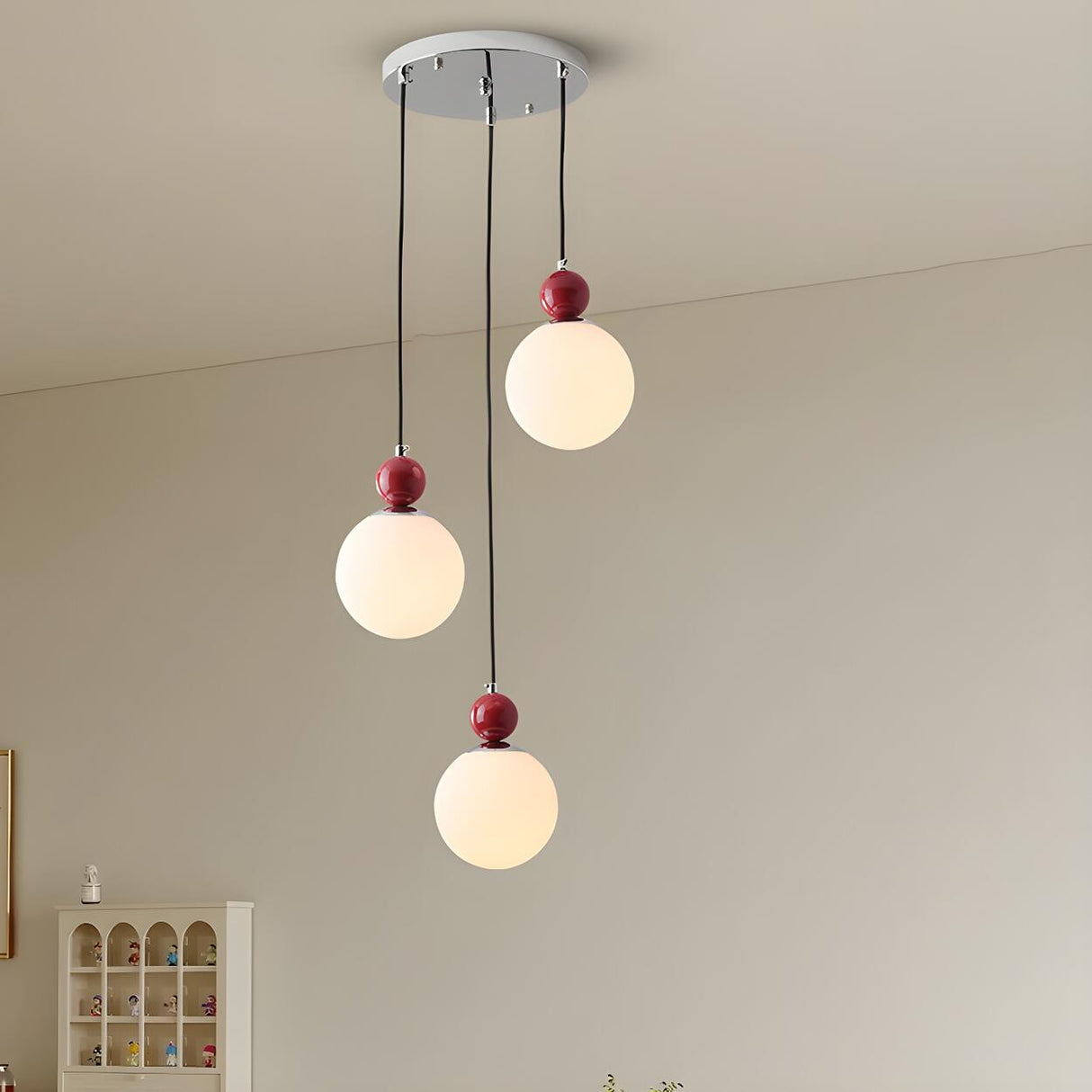 Modern Red Globe White Glass Dining Room Pendant Light Image - 4