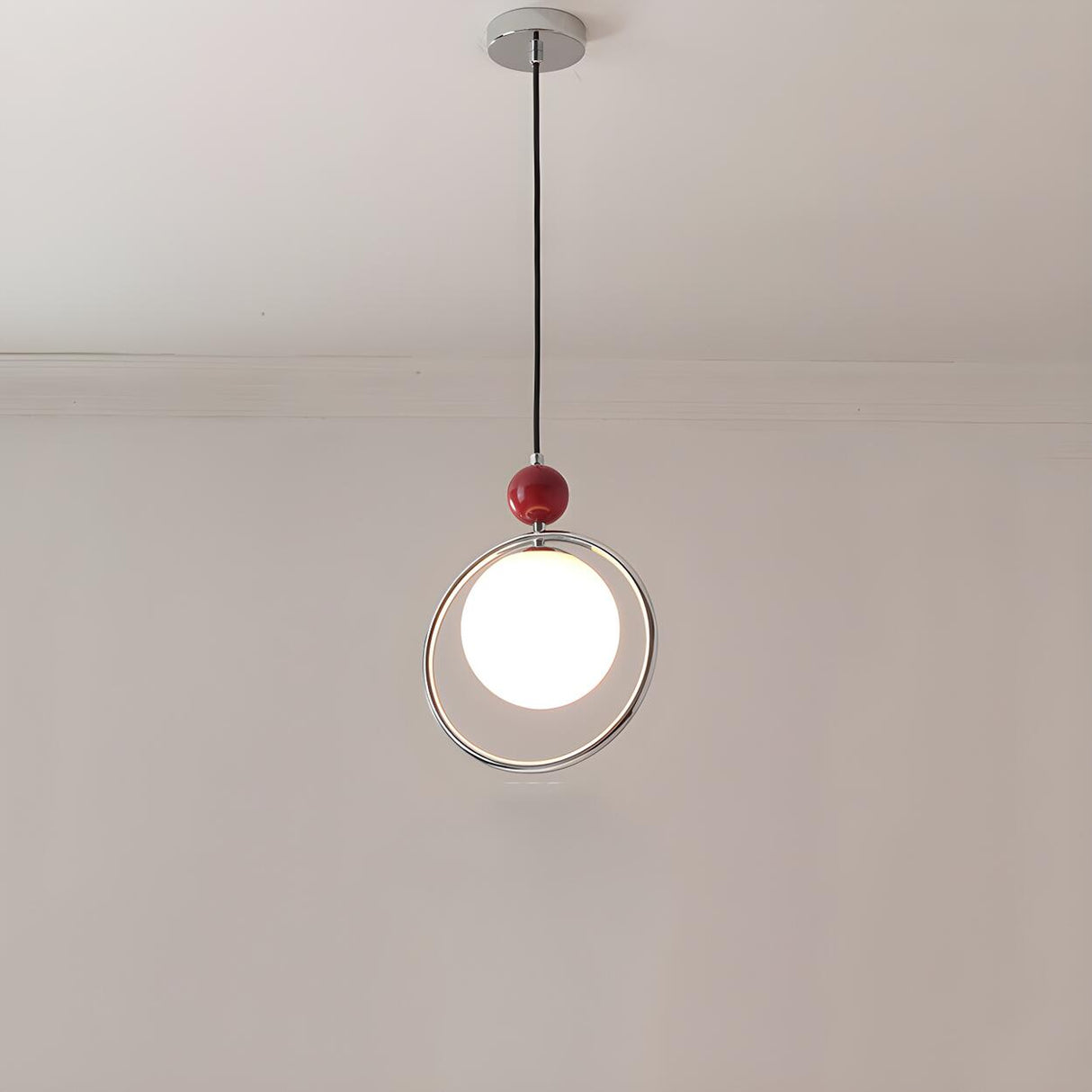 Modern Red Triple Chrome Ring Glass Globe Pendant Light Image - 12