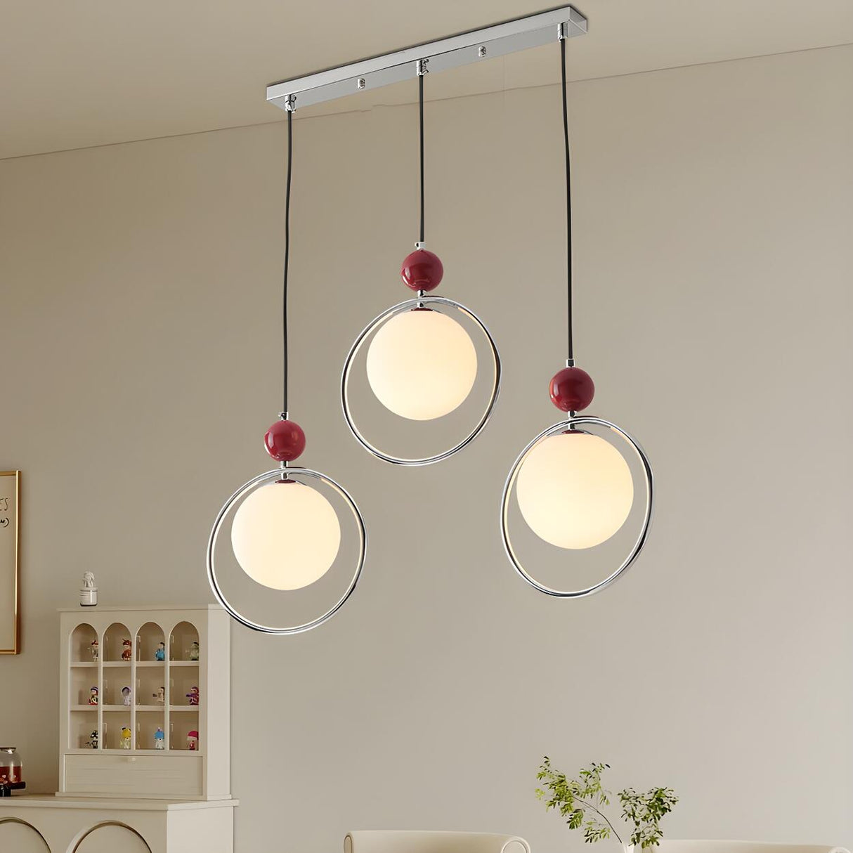 Modern Red Triple Chrome Ring Glass Globe Pendant Light Image - 5