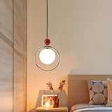 Modern Red Triple Chrome Ring Glass Globe Pendant Light Image - 6