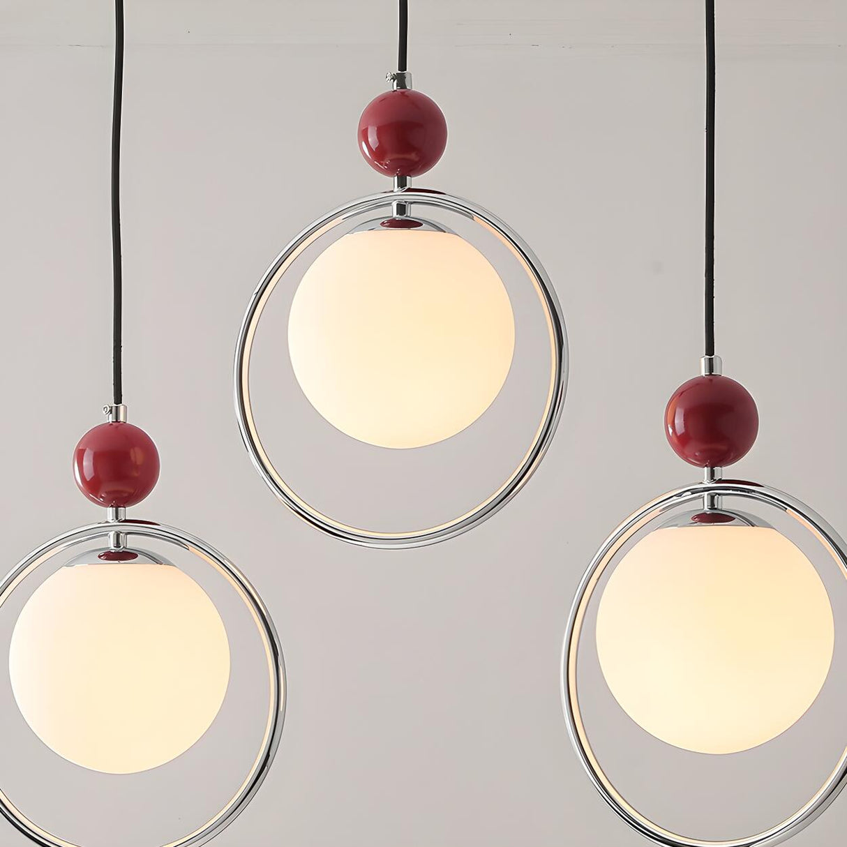 Modern Red Triple Chrome Ring Glass Globe Pendant Light Image - 8