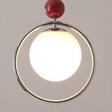 Modern Red Triple Chrome Ring Glass Globe Pendant Light Image - 9