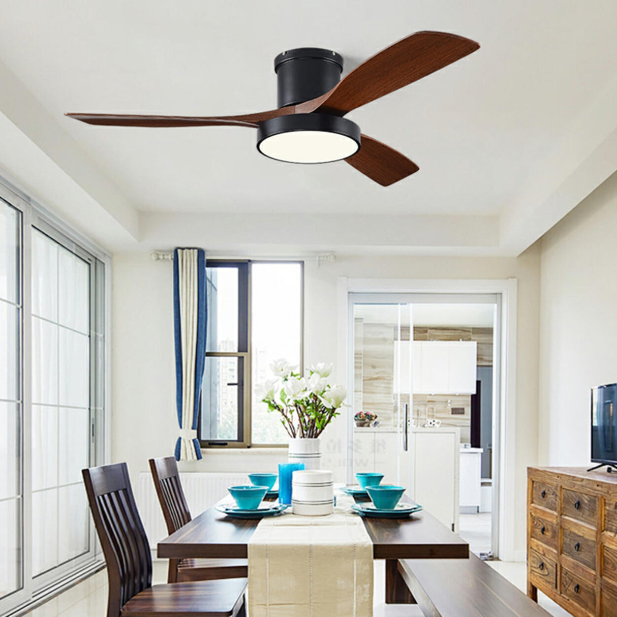 Modern Remote Control Wood Ceiling Fan with LED Light Image - 3