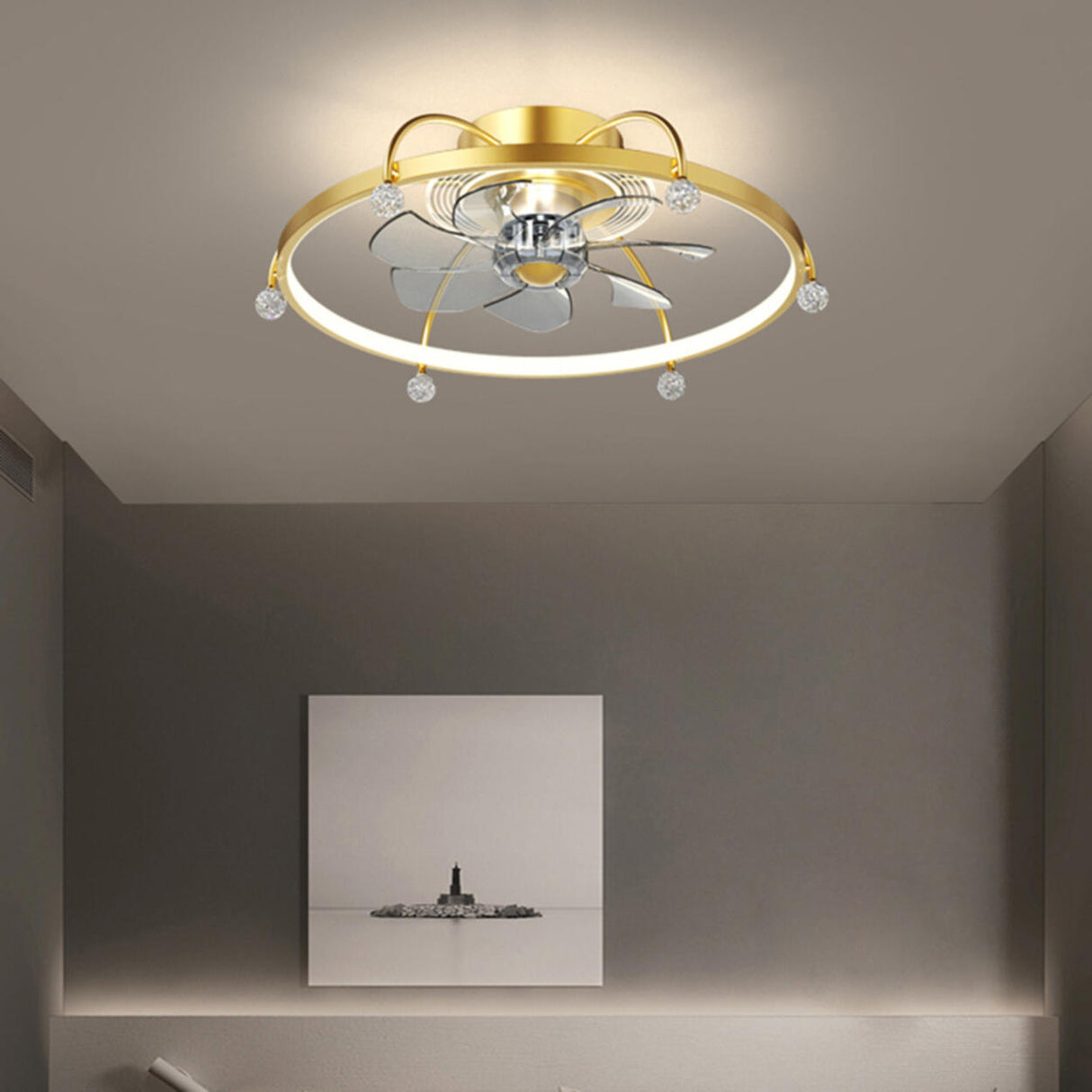 Modern Remote Gold Circle Flush Ceiling Fan with Light Image - 11