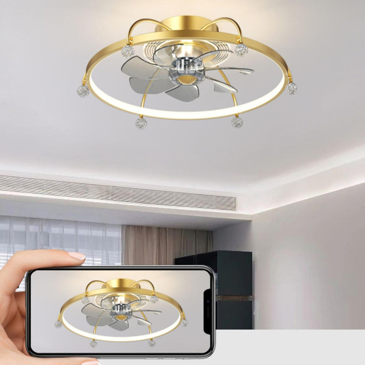 Modern Remote Gold Circle Flush Ceiling Fan with Light Image - 13