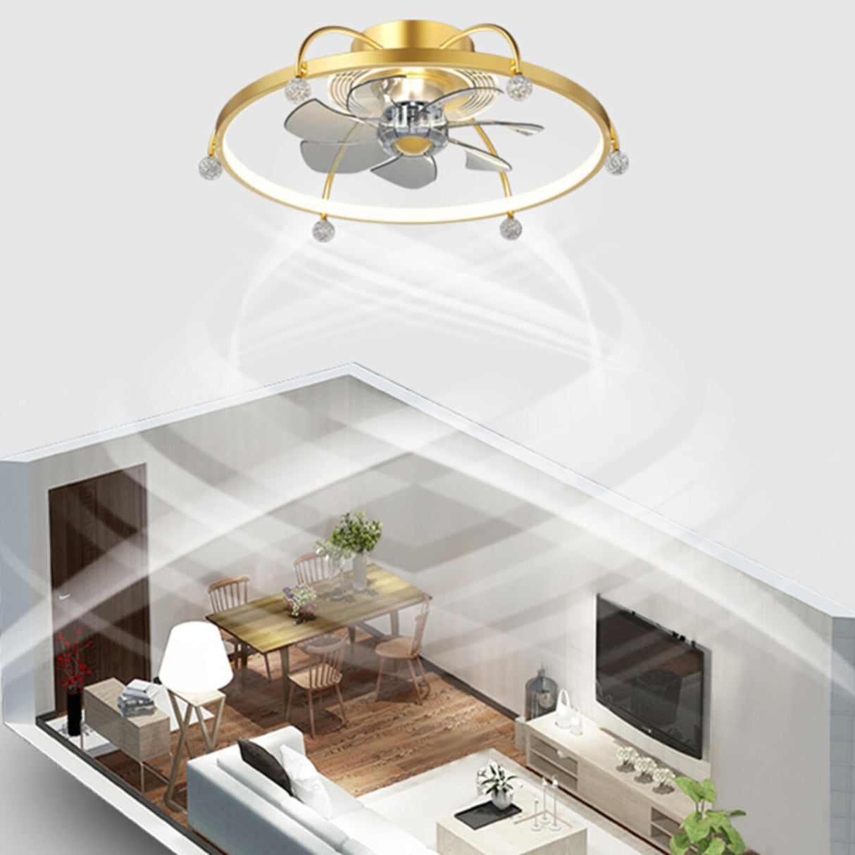 Modern Remote Gold Circle Flush Ceiling Fan with Light Image - 14