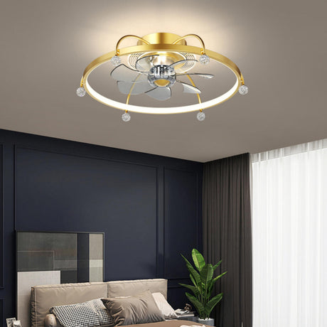 Modern Remote Gold Circle Flush Ceiling Fan with Light Image - 2