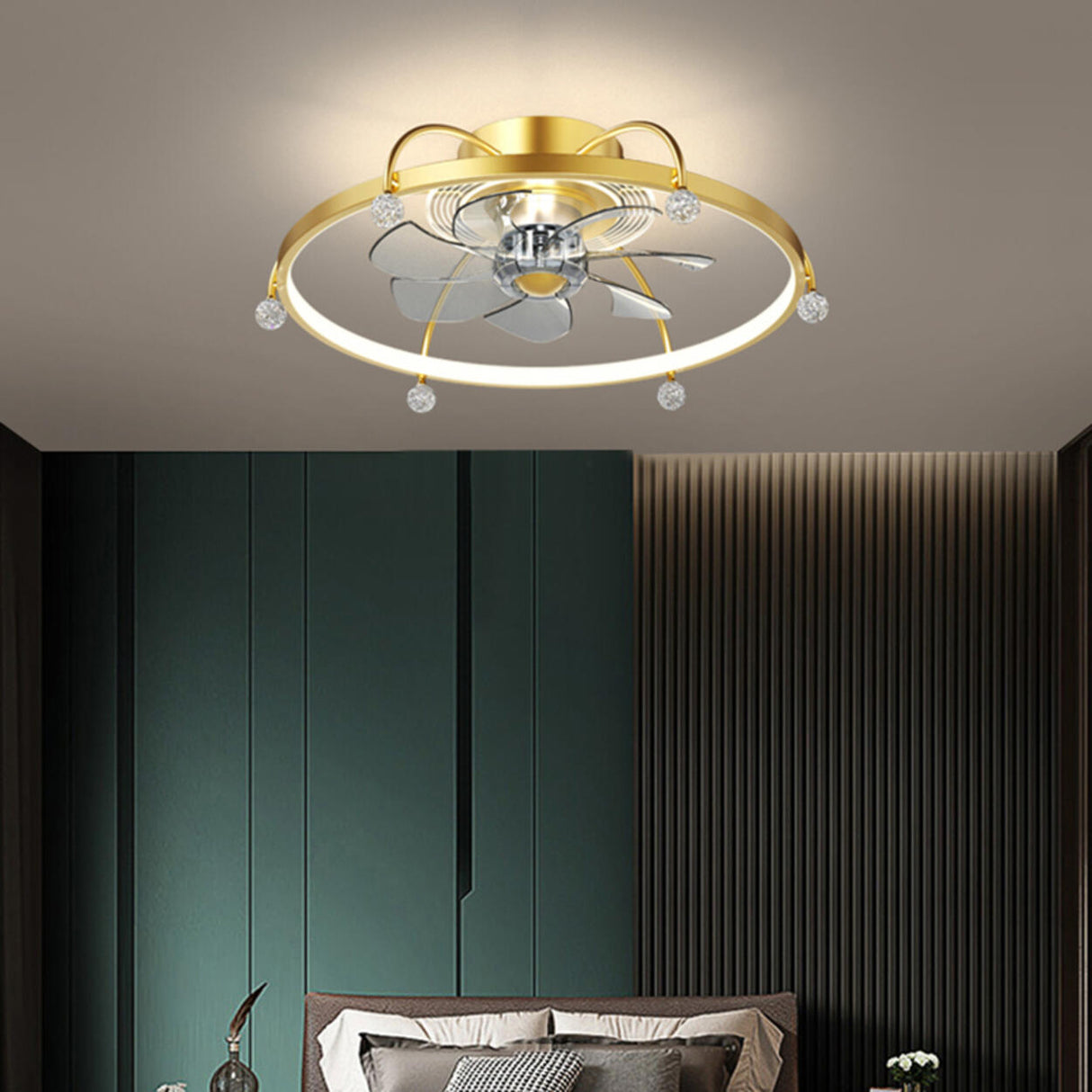 Modern Remote Gold Circle Flush Ceiling Fan with Light Image - 3