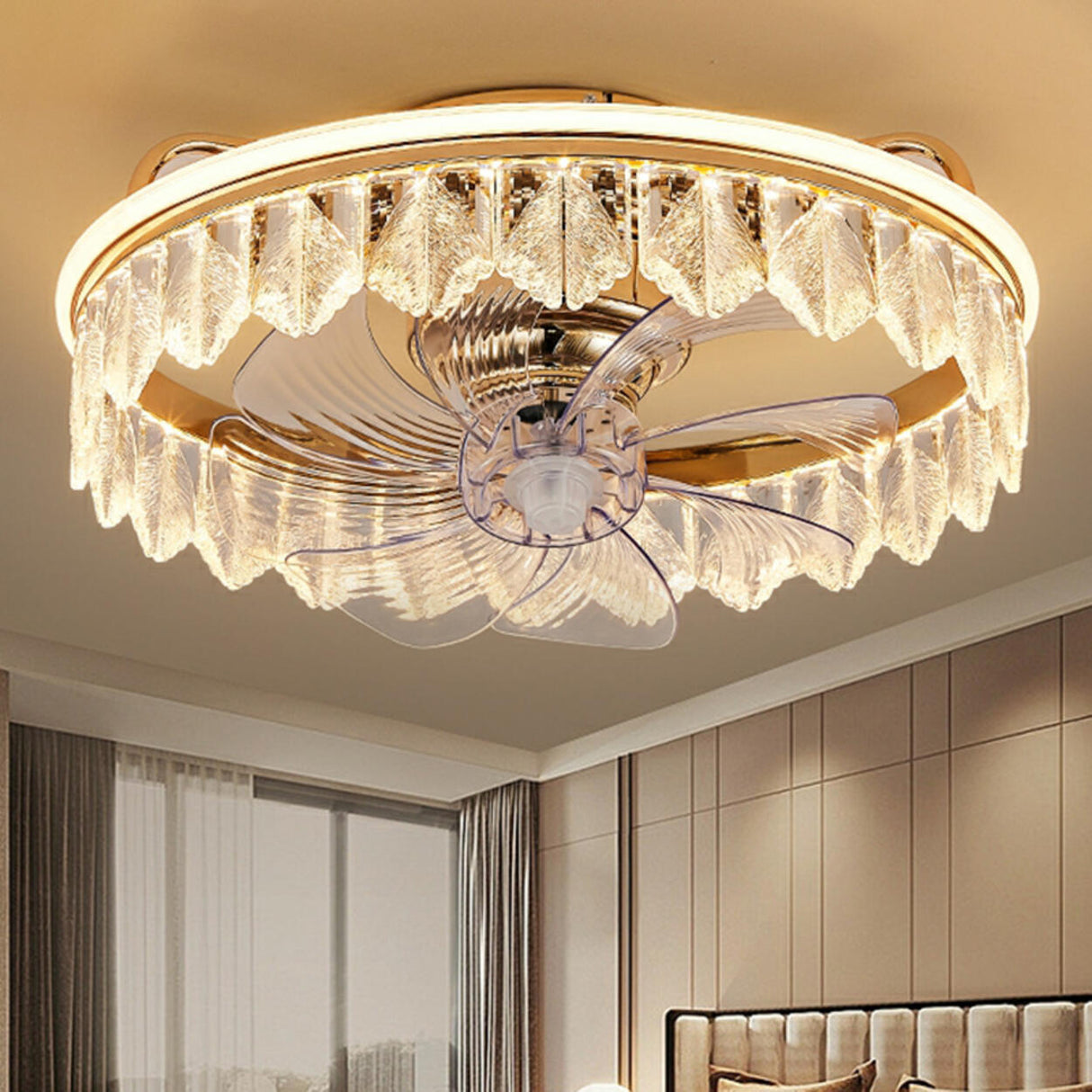 Modern Remote Gold LED Crystal Ceiling Fan with Light Image - 12