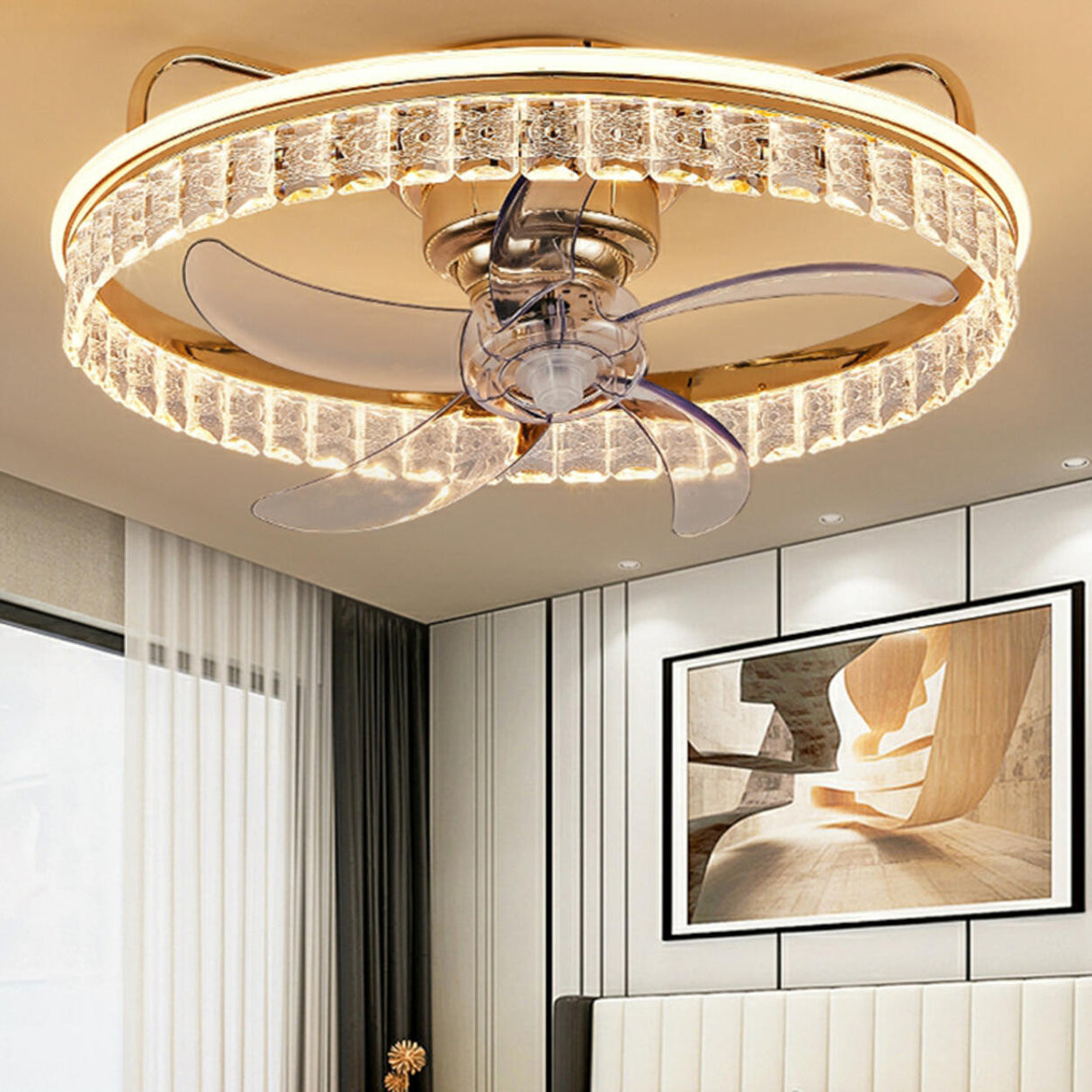 Modern Remote Gold LED Crystal Ceiling Fan with Light Image - 14