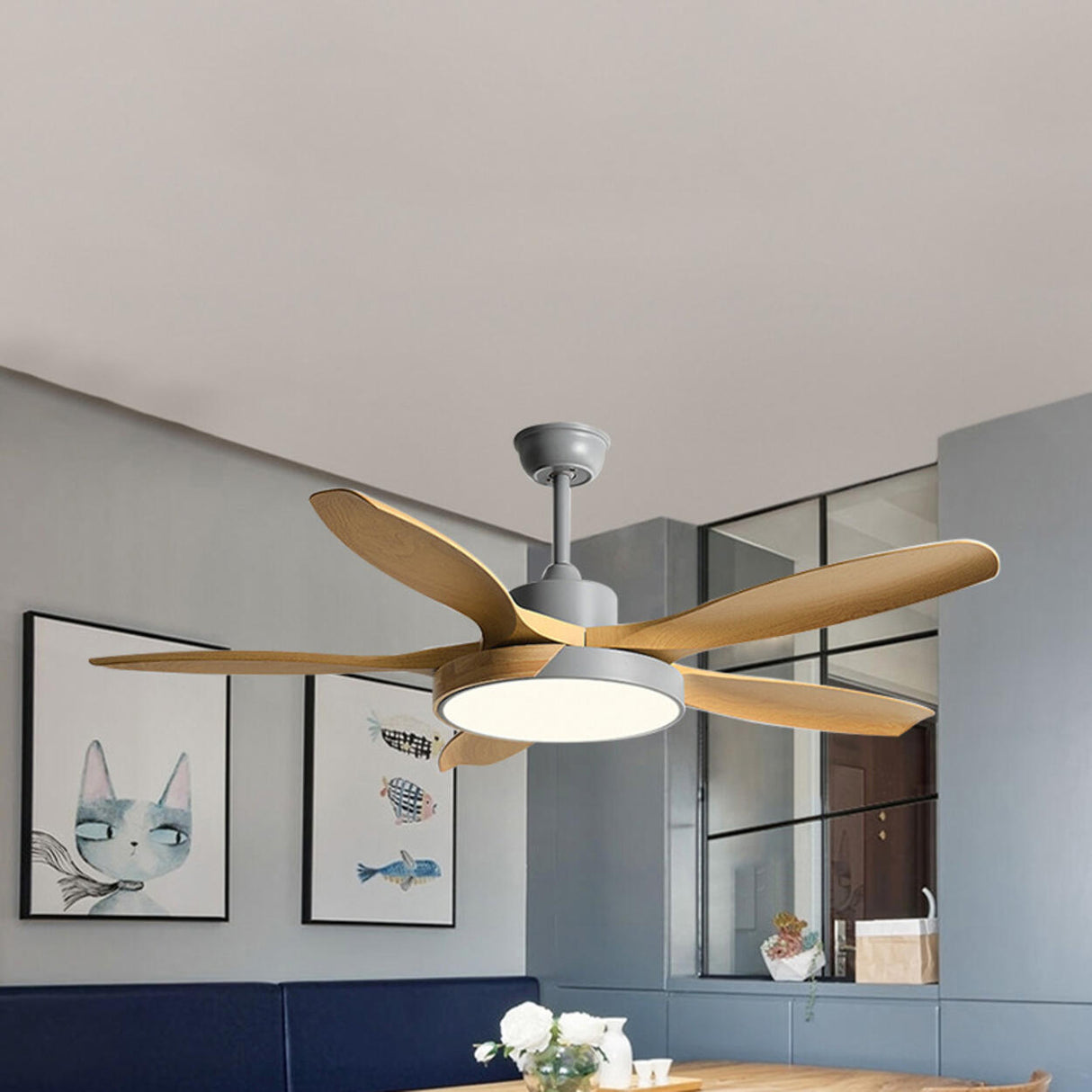 Modern Remote Wood 5 Blade Ceiling Fan with LED Light Image - 10