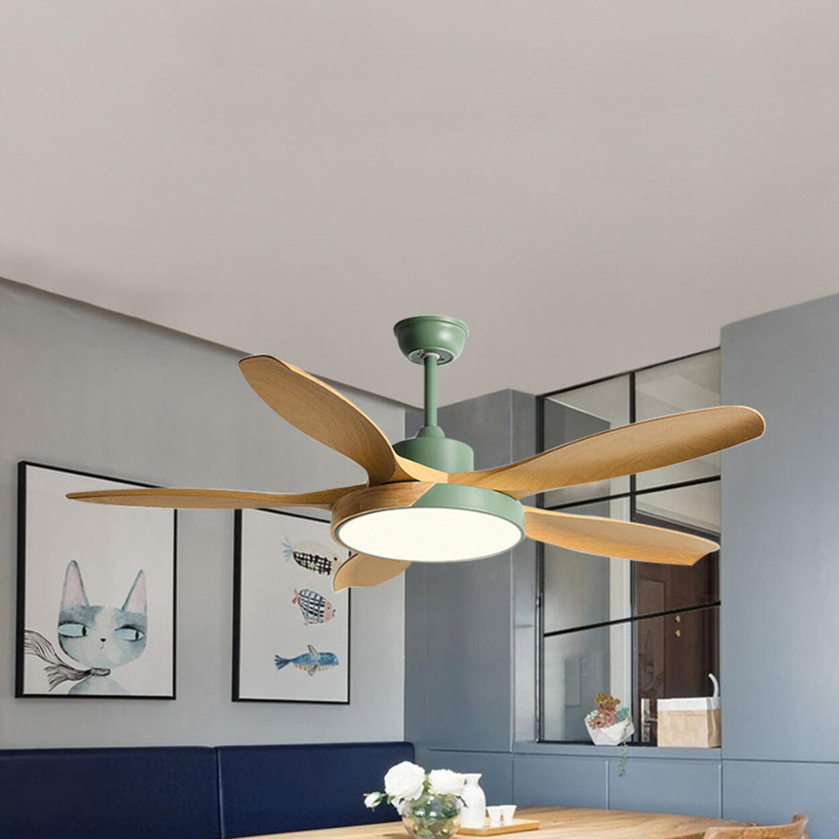 Modern Remote Wood 5 Blade Ceiling Fan with LED Light Image - 12