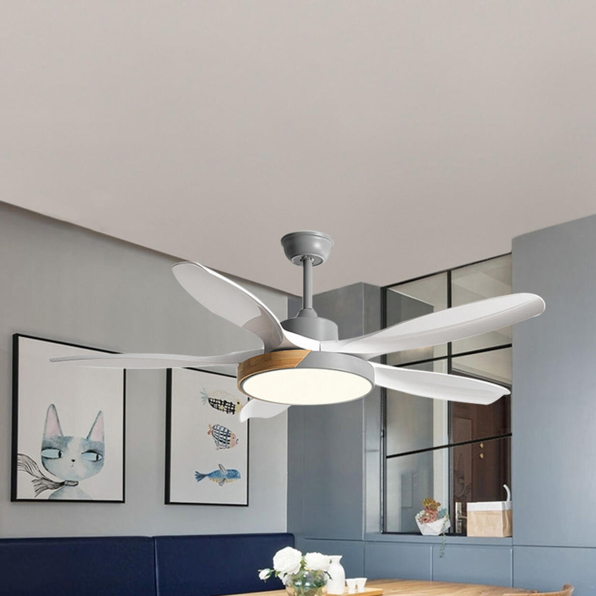 Modern Remote Wood 5 Blade Ceiling Fan with LED Light Image - 7