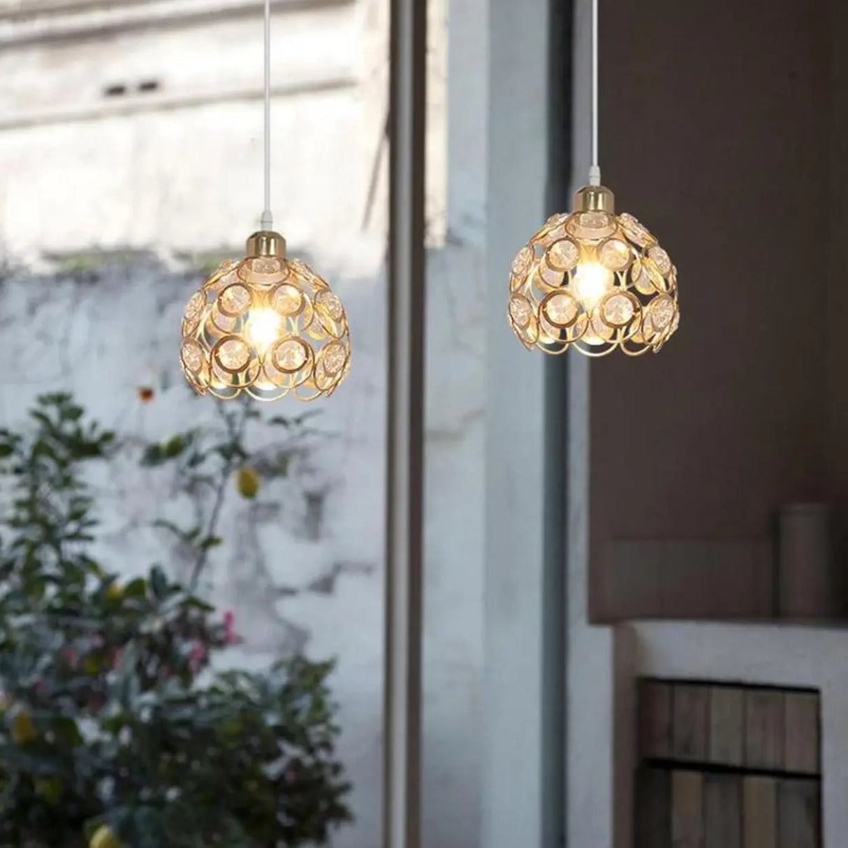 Modern Restaurant Gold Crystal Hollow Dome Pendant Light Image - 1