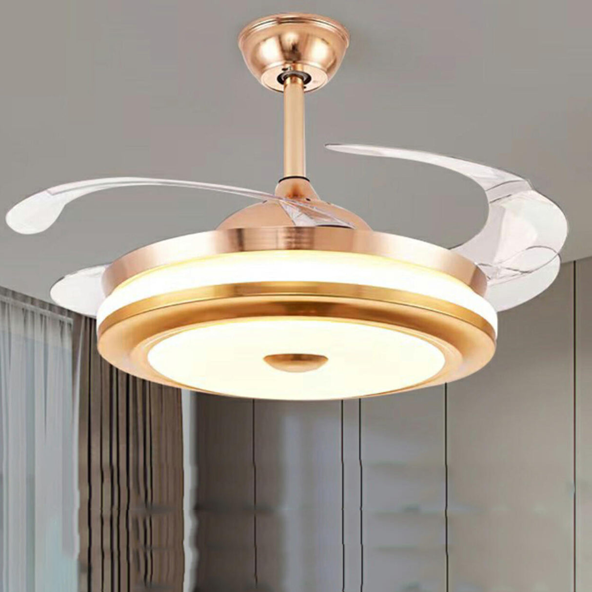 Modern Retractable Blade Round Metal Ceiling Fan Light Image - 10