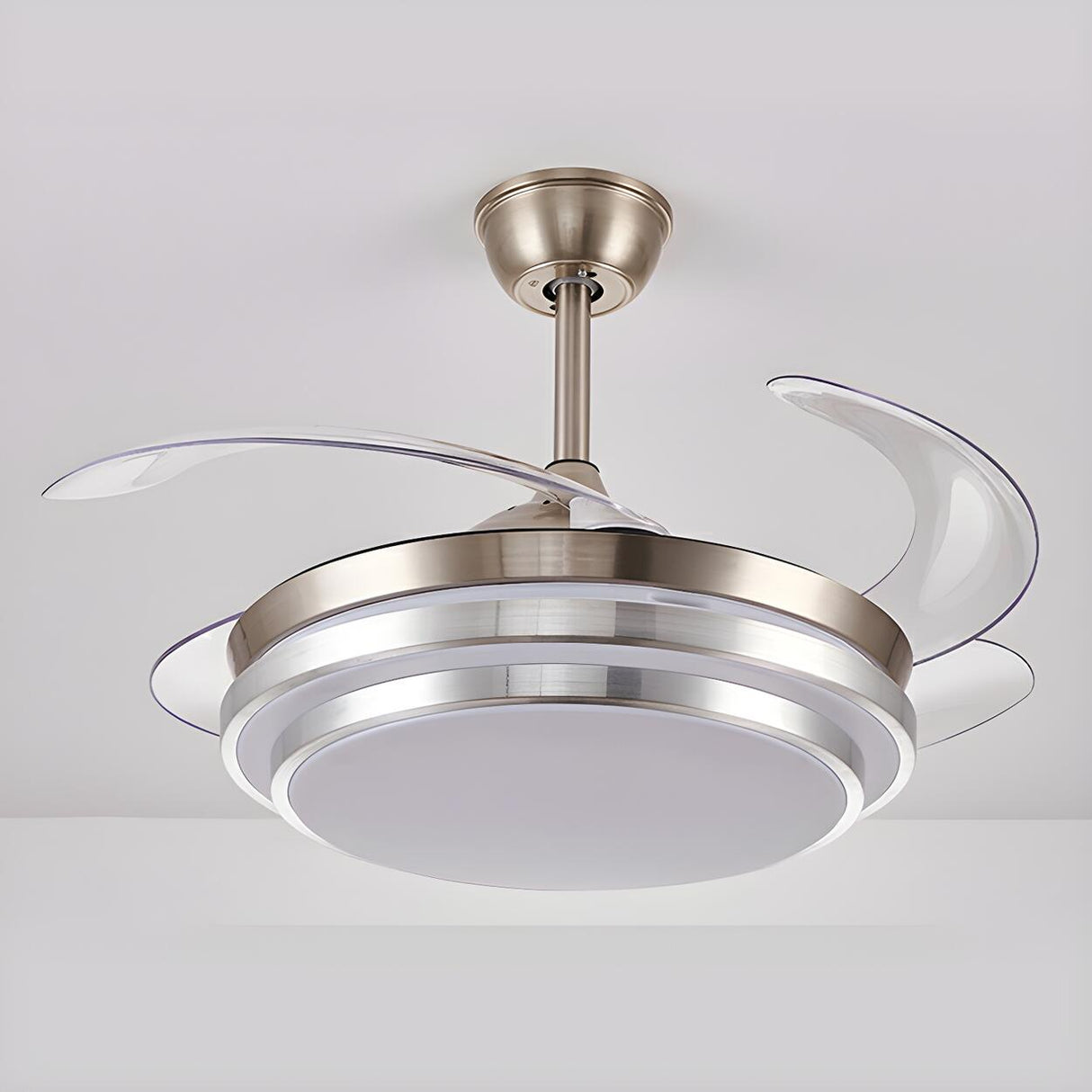 Modern Retractable Blade Round Metal Ceiling Fan Light Image - 11