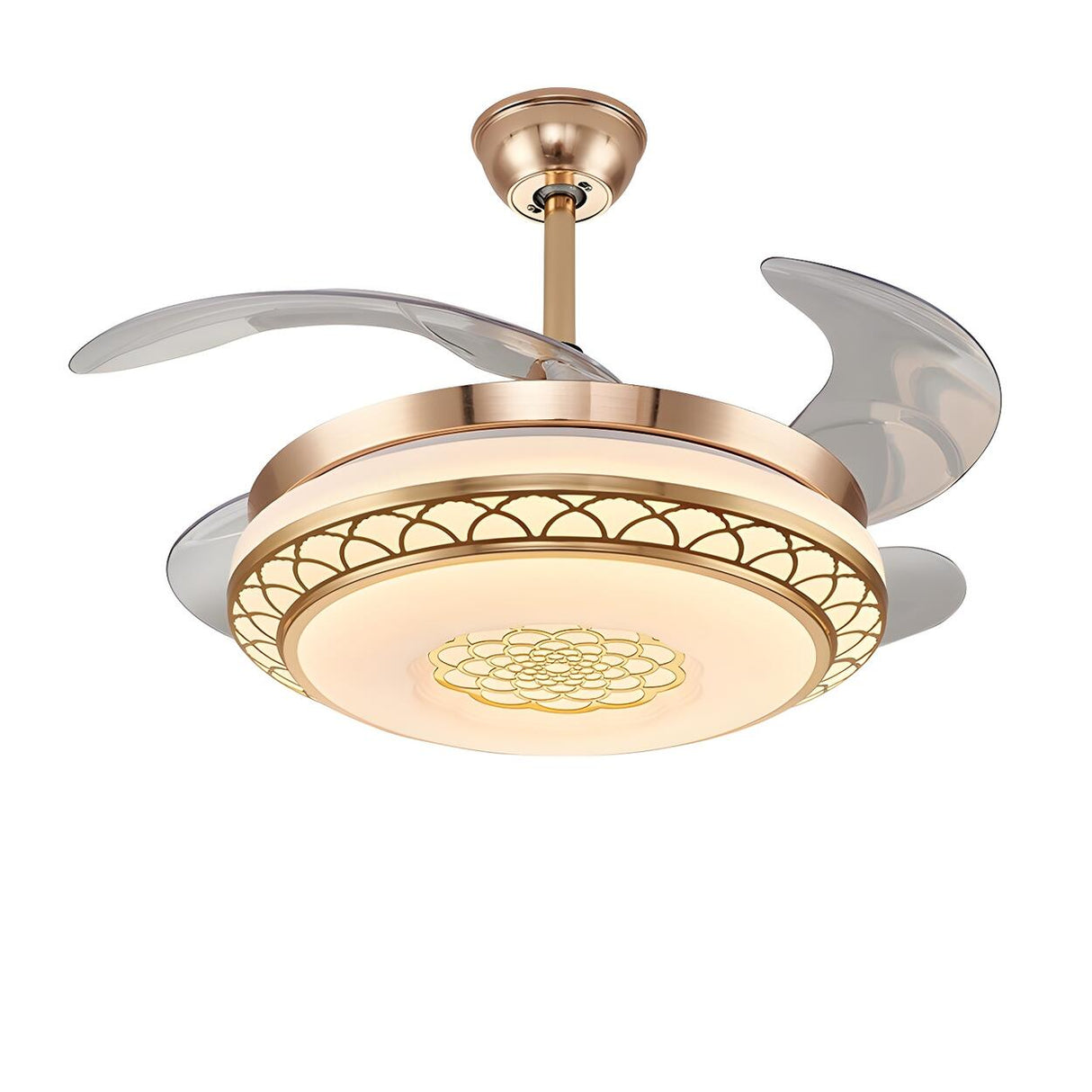 Modern Retractable Blade Round Metal Ceiling Fan Light Image - 15