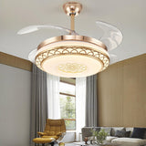 Modern Retractable Blade Round Metal Ceiling Fan Light Image - 2