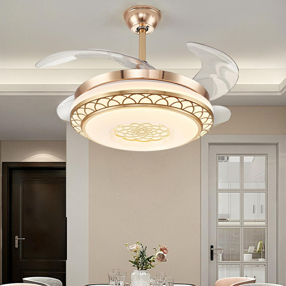 Modern Retractable Blade Round Metal Ceiling Fan Light Image - 32