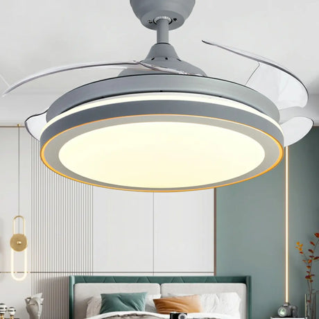 Modern Retractable Round Metal Ceiling Fan with Light Image - 1