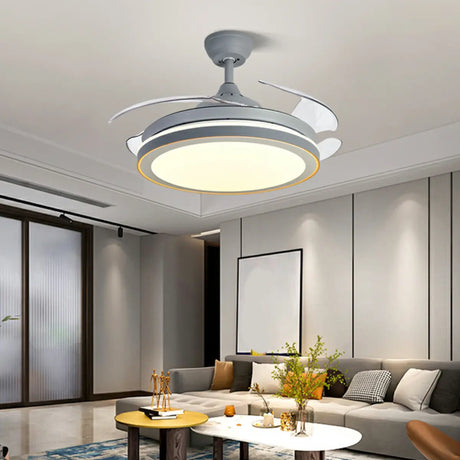 Modern Retractable Round Metal Ceiling Fan with Light Image - 2