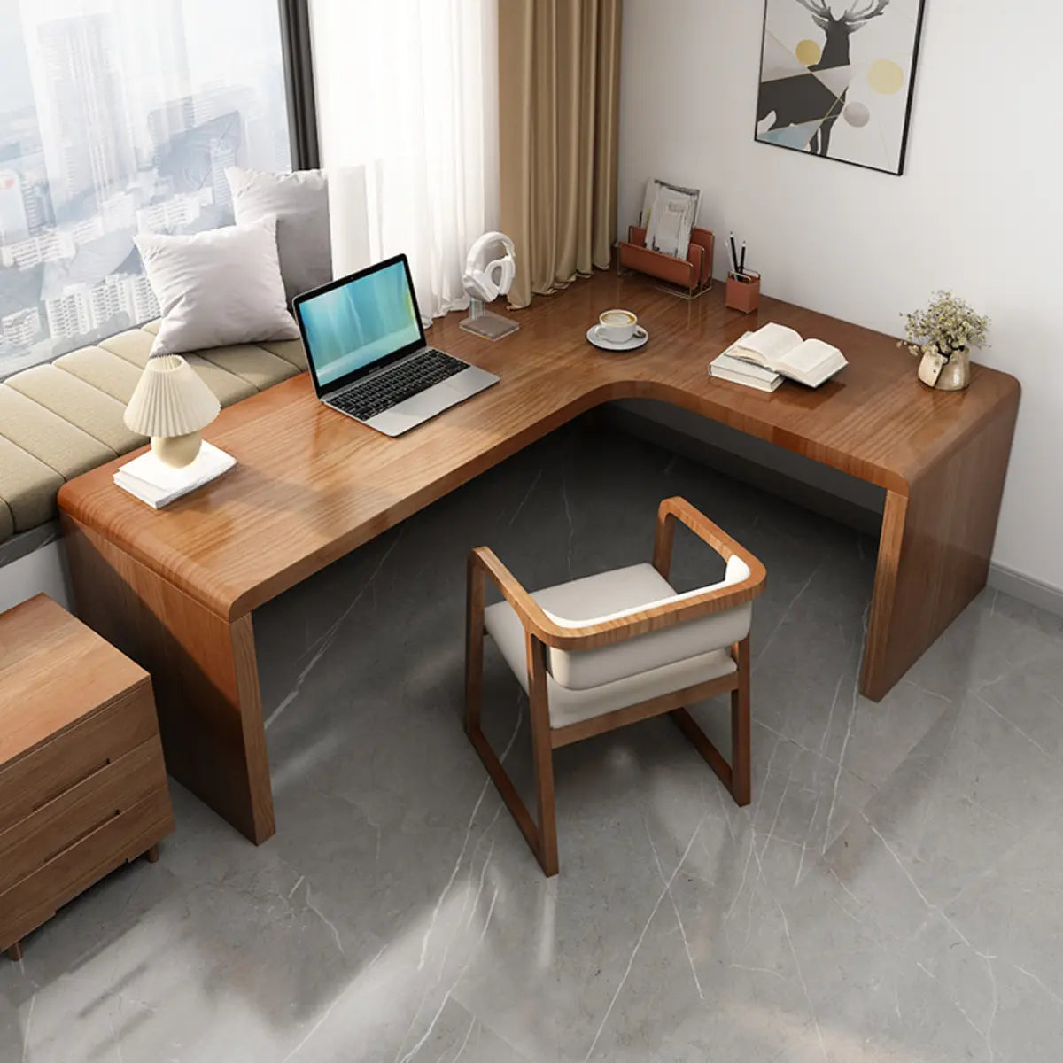 Modern Return Brown Timber L-Shaped Deep Computer Desk Image - 1