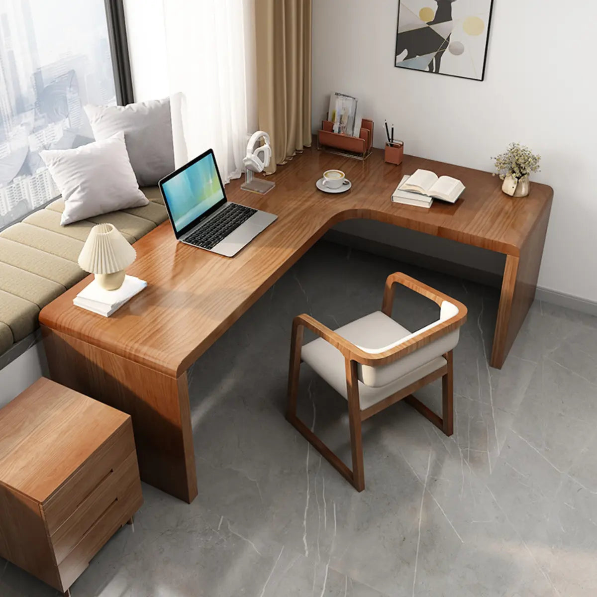 Modern Return Brown Timber L-Shaped Deep Computer Desk Image - 3