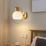 Modern Ribbed Glass Dome Bedside Wood Wall Sconce Image - 1