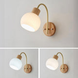 Modern Ribbed Glass Dome Bedside Wood Wall Sconce Image - 10