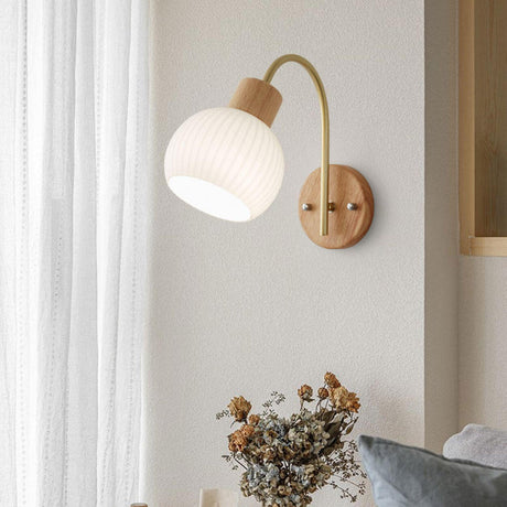 Modern Ribbed Glass Dome Bedside Wood Wall Sconce Image - 2