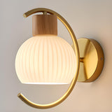 Modern Ribbed Glass Dome Bedside Wood Wall Sconce Image - 6